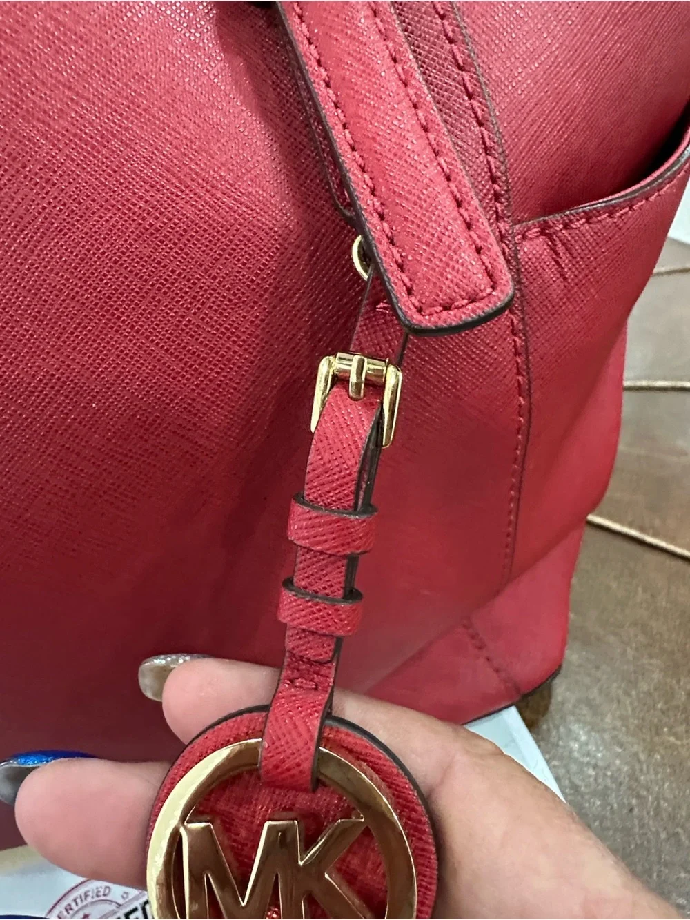 Michael Kors Red Saffiano Tote with Gold MK Charm